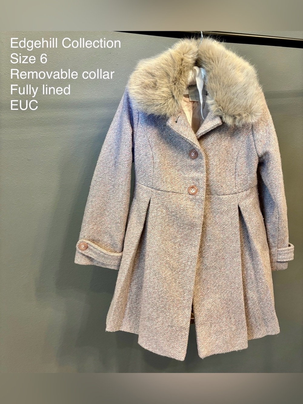 Edgehill Collection Pink Tweed Pea Coat with Removable Faux Fur Collar size 6
